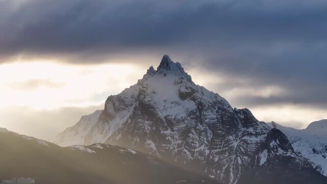 Mount Olivia At Ushuaia Tierra Del Fuego Argentina. Breathtaking Aerial View Of Time Lapse Drone Footage. Snowy Lake Swiss Alps Snow Capped. Snowy Forest Trees. Ushuaia Tierra Del Fuego.