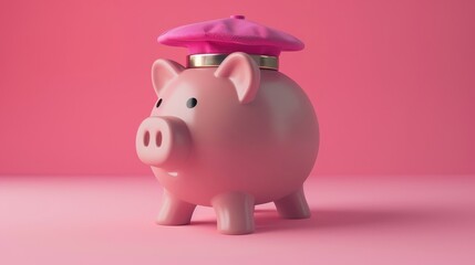 A pink piggy bank wearing a pink beret, symbolizing saving money for artistic pursuits, education, creativity, and personal growth.