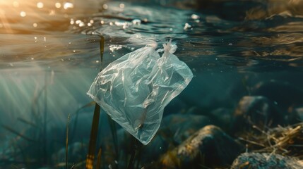 Fototapeta premium A plastic bag floats beneath the surface of the water, symbolizing environmental pollution, marine life endangerment, ocean debris, plastic waste, and the need for responsible disposal.