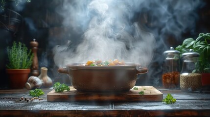 Stew boiling in an earthenware pot on black texture background