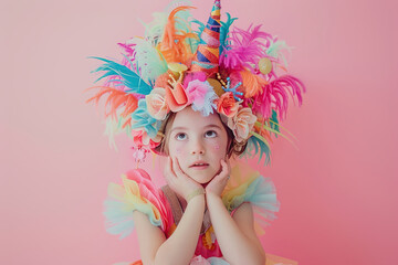 Fototapeta premium Cute girl in carnival clothes on pink background. Celebrating carnival.