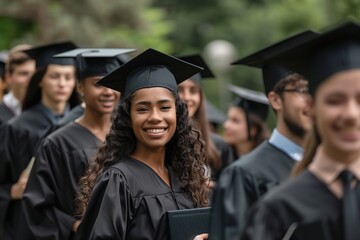 Obraz premium Group of young graduate students in graduation gown and cap standing on a college campus