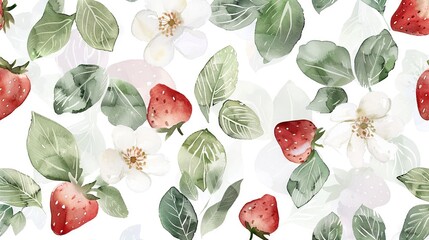  Close-up of strawberries and flowers on white background with green foliage and white blooms