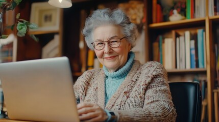Eldery senior woman working at laptop background