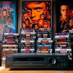 A collection of VHS tapes stacked next to a VCR player, with '90s movie posters on the wall in the background.