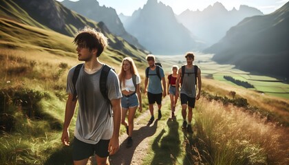 Fototapeta premium Group of people trekking in the mountains