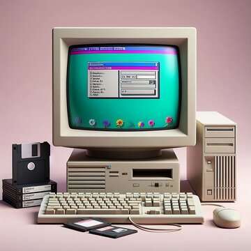 A 1990s desktop computer with a bulky CRT monitor displaying a retro Windows interface, surrounded by floppy disks and a wired mouse.
