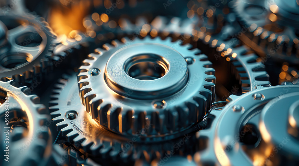 Poster Close-up on a series of quantum mechanical gears operating in sync, symbolizing the integration of quantum mechanics in machinery. High-resolution, detailed textures. Generative AI.