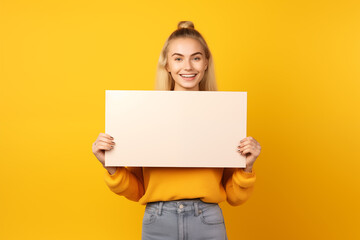 Fototapeta premium Young pretty blonde girl over isolated colorful background holding an empty placard