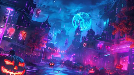 A spooky town is lit up with neon lights on a rainy Halloween night. The street is decorated with pumpkins and other spooky decorations. The full moon shines brightly in the sky.