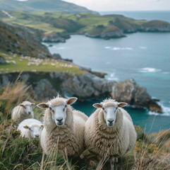 A group of sheep on mountain, with seas and hills in the background, white sheep, beautiful...