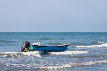 Great egret balancing on a moored boat on a beach in Cartagena, Colombia