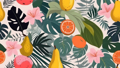 Fototapeta premium Tropical seamless pattern with exotic fruits and palm leaves