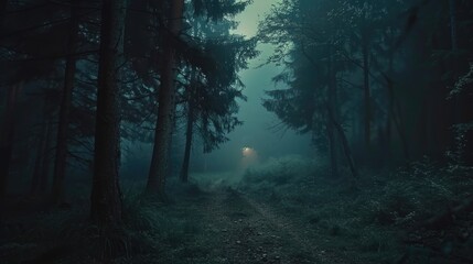 Dark foggy forest with a path through it at night, dramatic dark forest scenery
