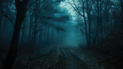 Fototapeta premium Dark foggy forest with a path through it at night, dramatic dark forest scenery
