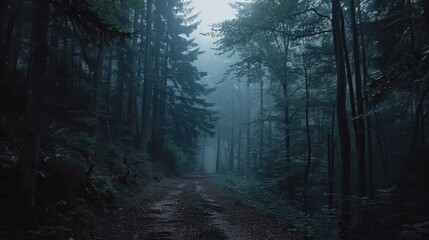 Fototapeta premium Dark foggy forest with a path through it at night, dramatic dark forest scenery