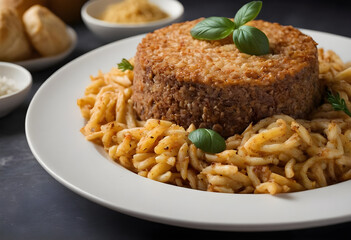 Vegan lentil loaf being served with a side of pasta on a white plate