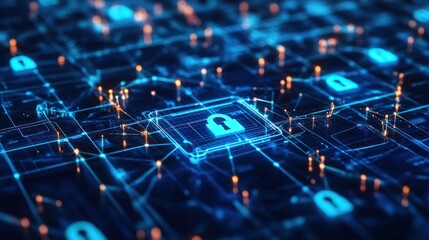 Digital Lock Symbolizing Cybersecurity in a Network - A glowing digital lock integrated into a network, representing cybersecurity, data protection, and secure digital connections in a tech environmen