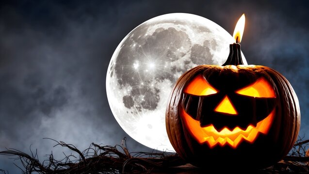 Halloween im Dunkeln: Vollmond und K&uuml;rbis
