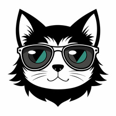 cat head is wearing a sunglass vector, Silhouette, illustration 