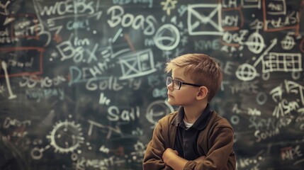 A young boy wearing glasses stands with arms crossed in front of a chalkboard filled with mathematical equations, contemplating a complex problem.