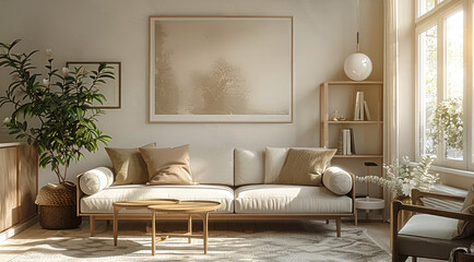 A modern living room with light oak wood, neutral paint and brass. Generative AI.