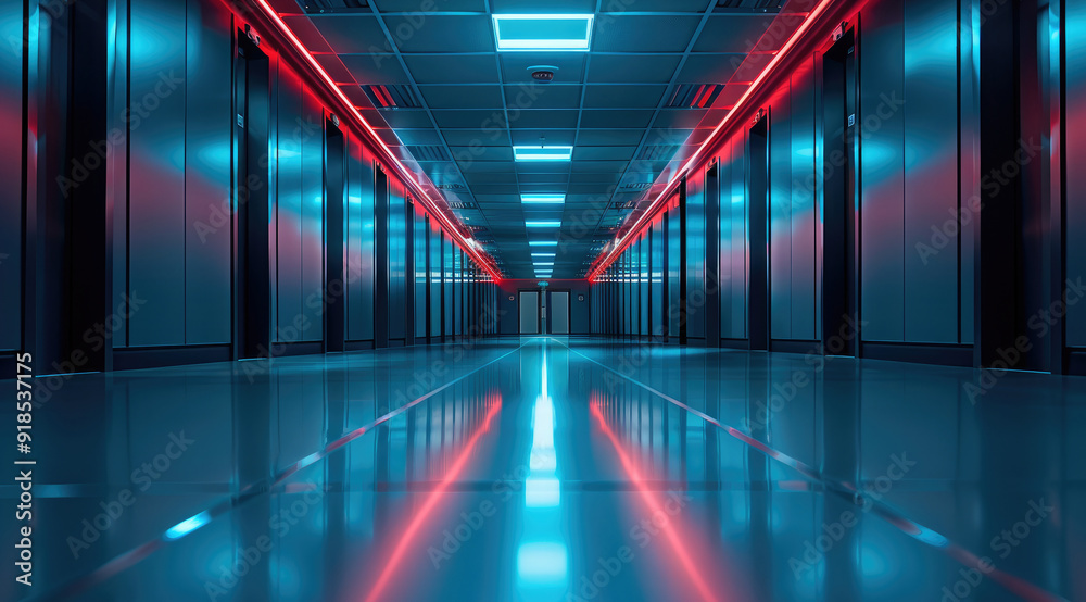 Aufkleber low-angle shot of data room from floor, with soft turquoise light. generative ai.