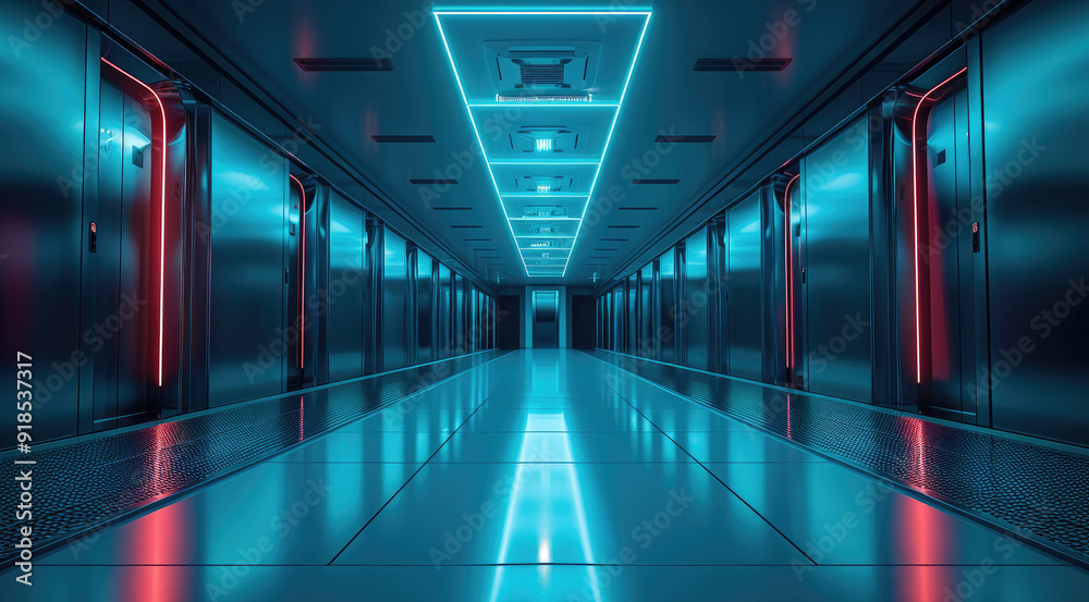Poster low-angle shot of data room from floor, with soft turquoise light. generative ai.