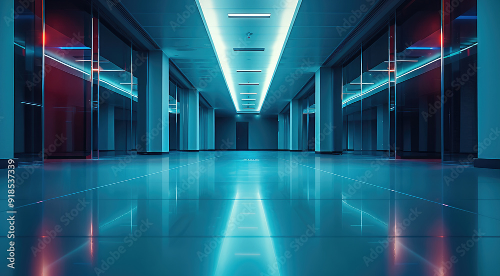 Poster low-angle shot of data room from floor, with soft turquoise light. generative ai.