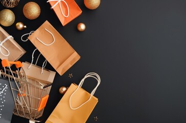 Fototapeta premium Golden Shopping Cart Surrounded by Black Gift Bags on Dark Background
