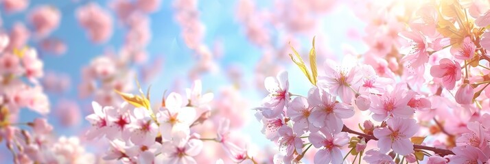 Fototapeta premium Cherry blossoms in full bloom with sunbeams shining through. The image evokes feelings of spring, joy, and renewal.