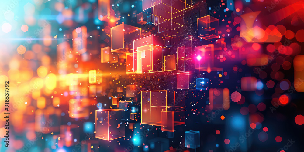 Poster Abstract technology background with vibrant colors and dynamic geometric shapes, copy space. Generative AI.