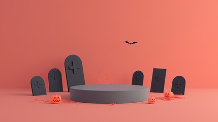 Halloween product display featuring a gray podium surrounded by tombstones, pumpkins, and a flying bat, symbolizing spooky, festive, and mysterious elements.