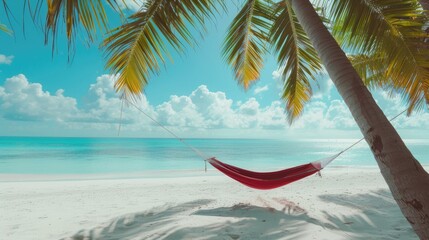 Hammock Hanging from Palm Tree on White Sand Beach with Turquoise Water. Tropical Vacation Paradise Concept