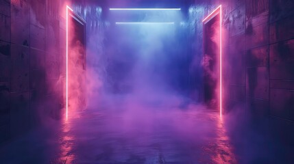 Fototapeta premium A dark hallway with pink neon lights, fog, and a wet floor. The hallway is lined with dark grey tiles, and the pink neon lights create a mysterious and eerie atmosphere.
