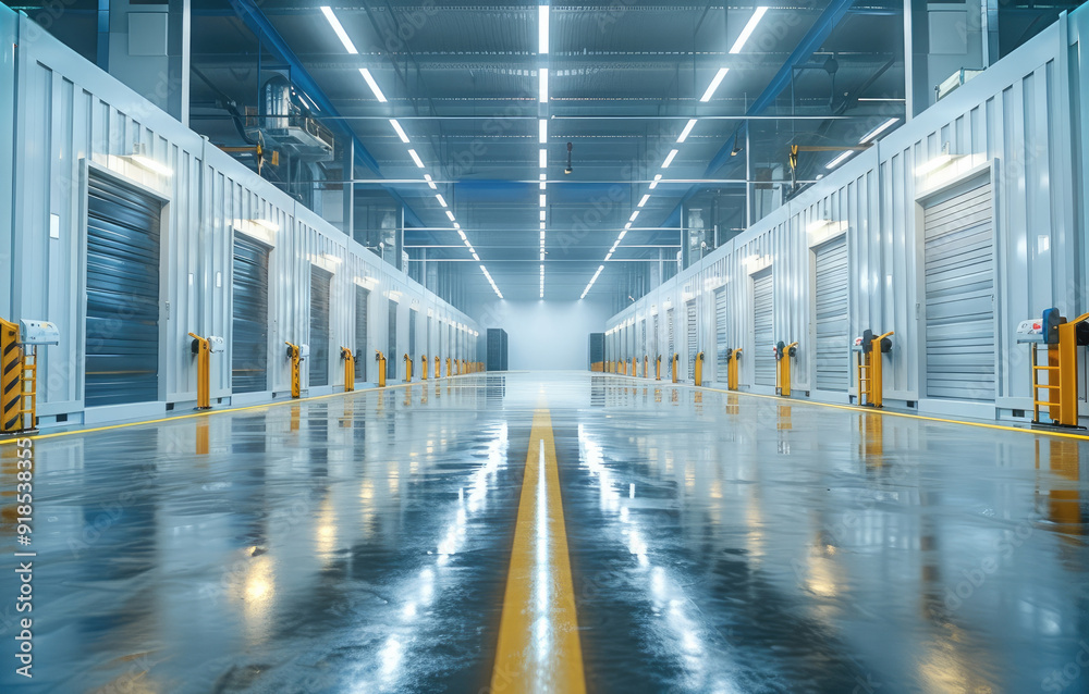 Leinwandbilder Ultra Wide Shot, Internal display of white container production and processing factory. Generative AI.