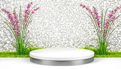 White round podium surrounded by green grass and pink flowers for product placement