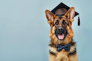 Cute german shepherd dog wearing graduation hat on blue background