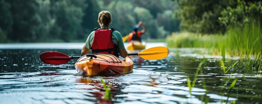Two kayakers enjoying a peaceful paddle on a serene lake surrounded by lush greenery and tranquil waters.