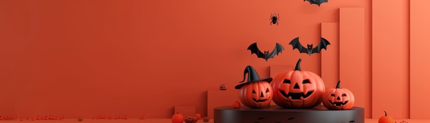 Naklejka premium Three jack-o-lanterns with carved faces, one wearing a witch hat, on a black pedestal against a bright orange background with bats flying overhead. The image symbolizes spooky, festive, fun, autumn, a