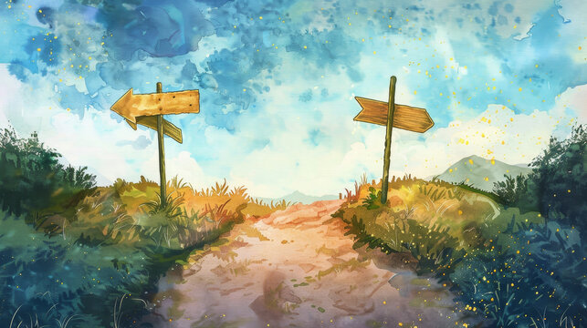 This watercolor illustration depicts a fork in the road, symbolizing the choices and decisions we face in life. The two wooden signs point in opposite directions, suggesting that there are always mult