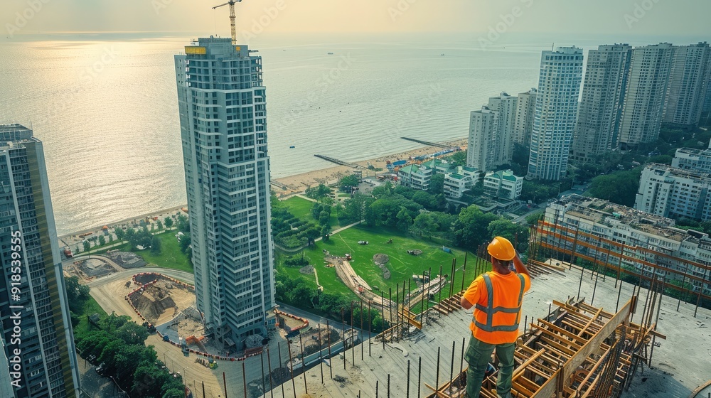 Poster aerial view of construction workers wearing safety gear standing on the roof, looking at their proje
