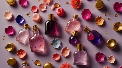 Flat lay style image featuring an assortment of small glass dropper bottles and colorful heart and flower-shaped objects. 