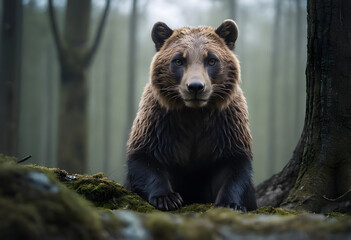 Obraz premium Brown bear standing on mossy ground in a forest
