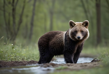 Obraz premium Young eurasian brown bear standing in forest stream