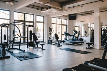 Fototapeta premium A spacious and well-lit modern gym interior featuring various exercise equipment like ellipticals and free weights, ideal for fitness and wellness themes