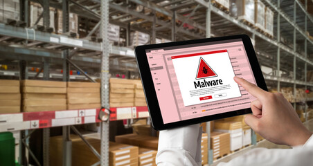 Cyber attacking concept. Malware alert showing on computer screen display scam and threat detection on computer system or online server to be removed snugly.