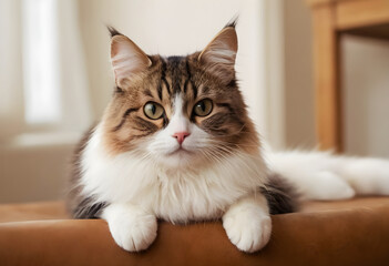 Curious cat relaxing and posing on leather sofa