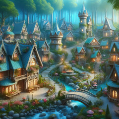 Fototapeta premium Fantasy houses in magic forest, scenery of fairy tale village