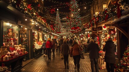 Fototapeta premium Festive Holiday Market Bustling with Shoppers Amidst Cheerful Decorations and Gift Displays